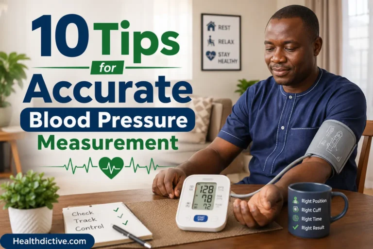 Featured image Concept: A Nigerian adult seated correctly at home using an upper-arm digital BP monitor, with feet flat, back supported and arm resting on a table at heart level. Overlay: 10 Tips for Accurate Blood Pressure Measurement Healthdictive.com